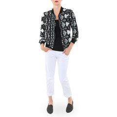 Walter Baker Reptile Print Bomber Jacket and Goldsign White Boyfriend Jeans