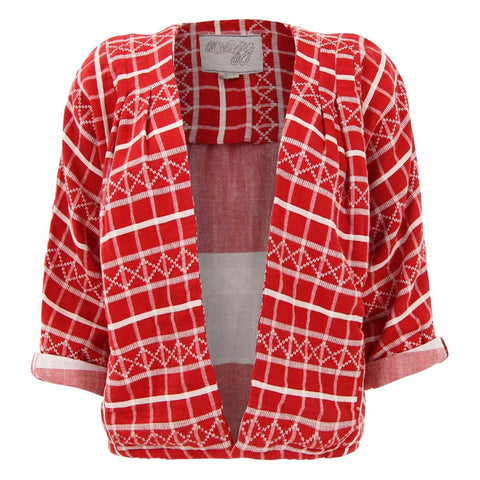 Red and White Grid Print Cardigan