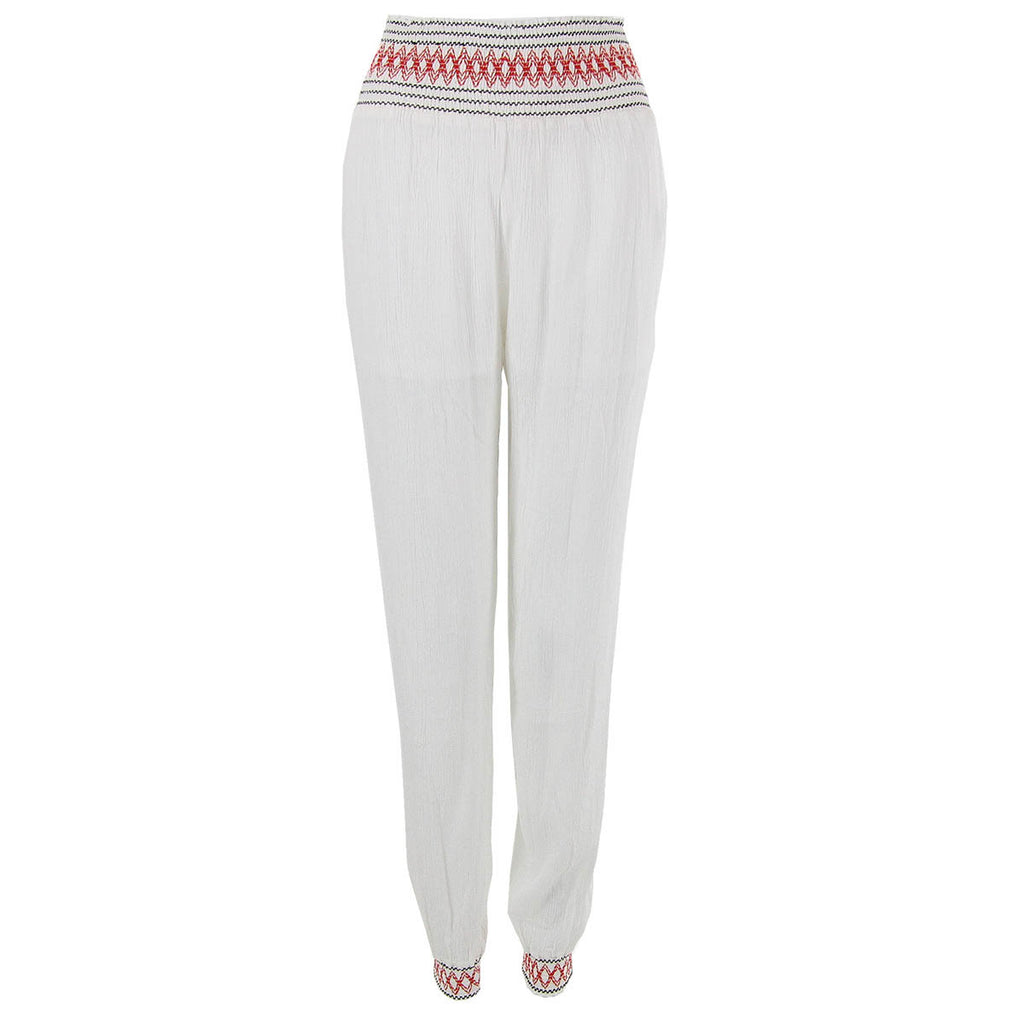 White Elastic Waist Pants with Smocked Waistband