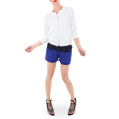 Color Block Shorts with White Bomber Jacket