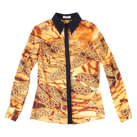 Printed Button-Up Blouse with Navy Trim