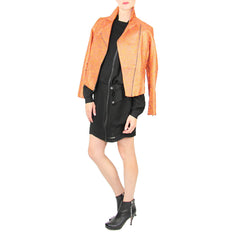 L.A.M.B. black nursing dress Hunter Bell orange moto jacket