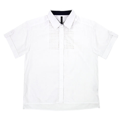 Marla Short Sleeve Button Down with Laser Cut Detail - White