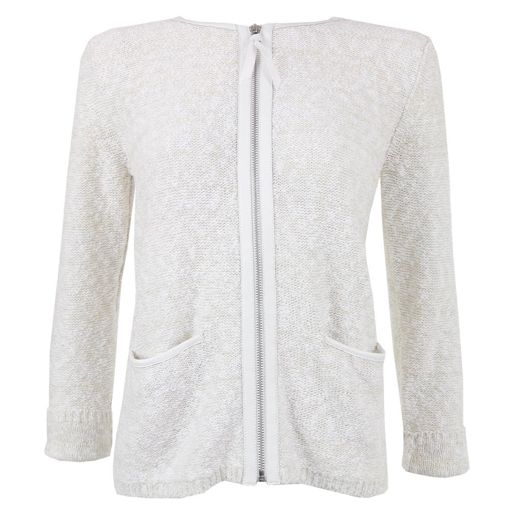 White and Warren Leather Trimmed Zipper Front Cardigan