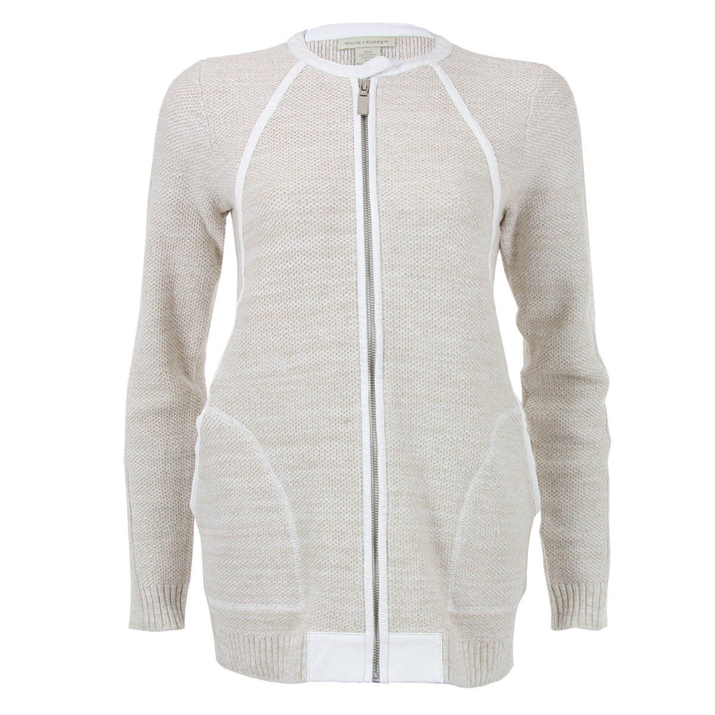 White and Warren Leather Trimmed Knit Jacket