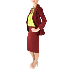 byron lars maroon ponte skirt with matching jacket and lime green Zoa pleated blouse