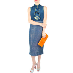 crop by david peck blue tweed handwoven pencil skirt and matching shirt