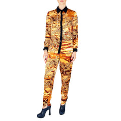 Gold Print Pant with Navy Tuxedo Stripe