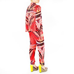 mara hoffman red phoenix slouchy pants with matching button-up top
