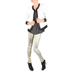 white bomber jacket metallic pants