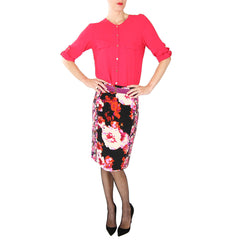 sis sis collarless red blouse with yonana barasche floral pencil skirt